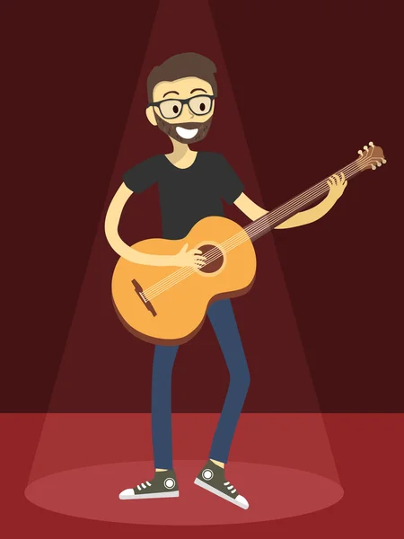 Man Play Acoustic Guitar in Red Spotlight — Stock Vector