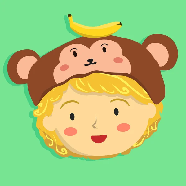卷毛的女孩与猴子帽子 — 图库矢量图片