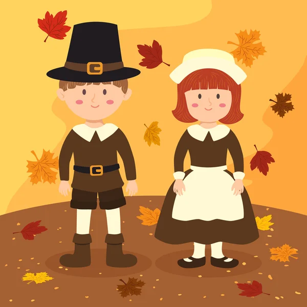 Thanksgiving Couple Pilgrim Bonnet Tablier — Image vectorielle