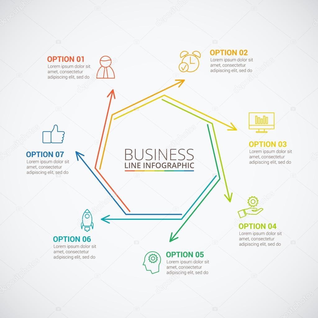 Thin line flat heptagon for infographic. Template for cycle diagram, graph, presentation and round chart. Business concept with 7 options, parts, steps or processes. Data visualization.