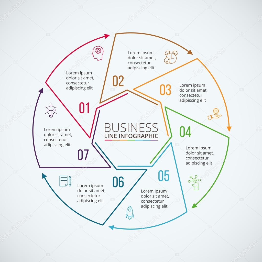 Thin line flat circle for infographic. Template for diagram, graph, presentation and chart. Business concept with 7 options, parts, steps or processes. Data visualization.