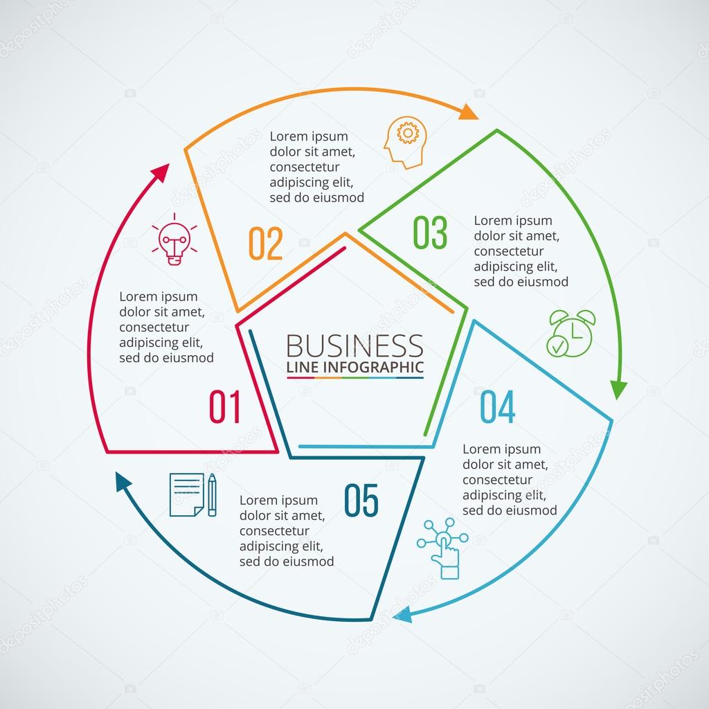 Thin line flat circle for infographic. Template for diagram, graph, presentation and chart. Business concept with 5 options, parts, steps or processes. Data visualization.