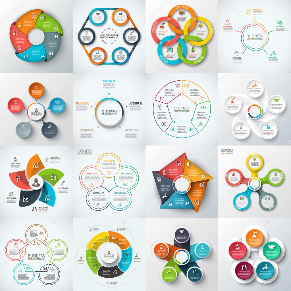 Big set of vector pentagons, circles and other elements for infographic. Template for cycle diagram, graph. Business concept with 5 options, parts, steps.