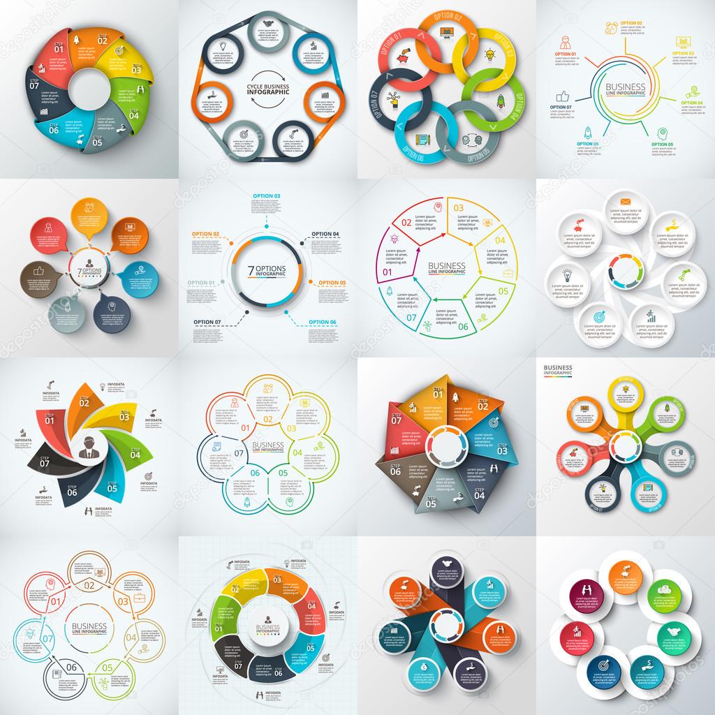Big set of vector heptagons, circles and other elements for infographic. Template for cycle diagram, graph. Business concept with 7 options, parts, steps.