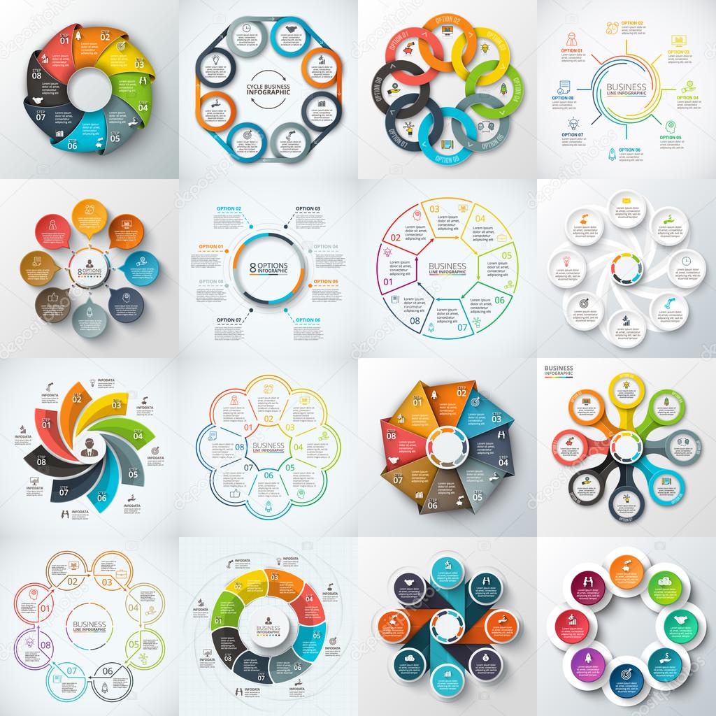Big set of vector octagons, circles and other elements for infographic. Template for cycle diagram, graph. Business concept with 7 options, parts, steps.
