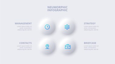 Neumorphic circle elements for infographic. Template for diagram, graph, presentation and chart. Skeuomorph concept with 4 options, parts, steps or processes clipart