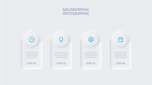 Bilgi için neumorfik elementler. Şablon, grafik, sunum ve grafik. 4 seçenek, parça, adım veya işleme sahip Skeuomorph kavramı — Stok Vektör