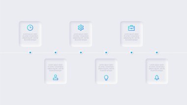 Neumorfik zaman çizelgesi bilgisi. Şablon, grafik, sunum ve grafik. 6 seçenek, parça, adım veya işleme sahip Skeuomorph kavramı
