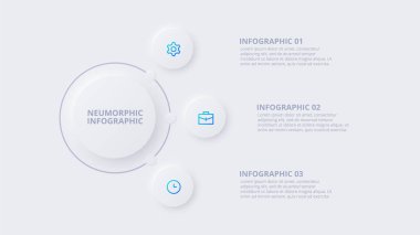 Neumorphic circle elements for infographic. Template for diagram, graph, presentation and chart. Skeuomorph concept with 3 options, parts, steps or processes clipart