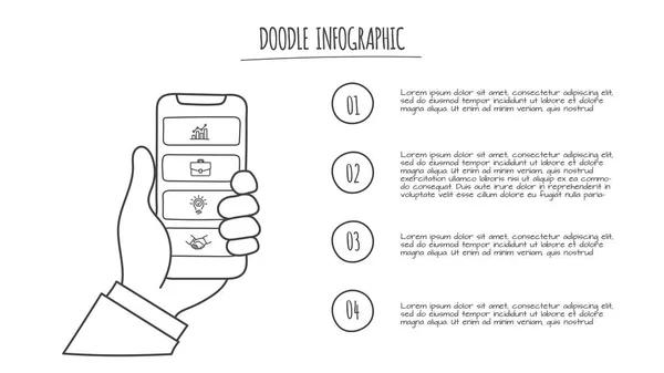 Doodle смартфон в руке с 4 вариантами. Ручные иконки. Тонкая линейная инфографика — стоковый вектор
