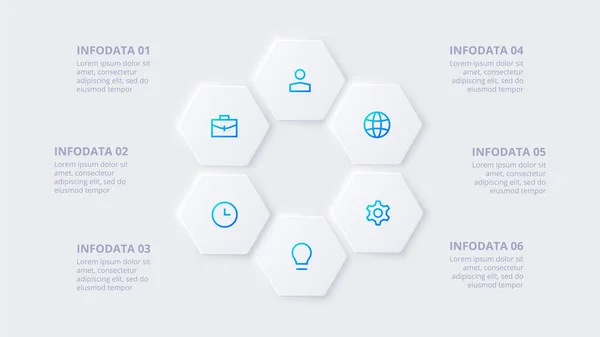 Elemento neumórfico para infográfico. Modelo para diagrama, gráfico, apresentação e gráfico. Conceito Skeuomorph com 6 opções, peças, passos ou processos — Vetor de Stock