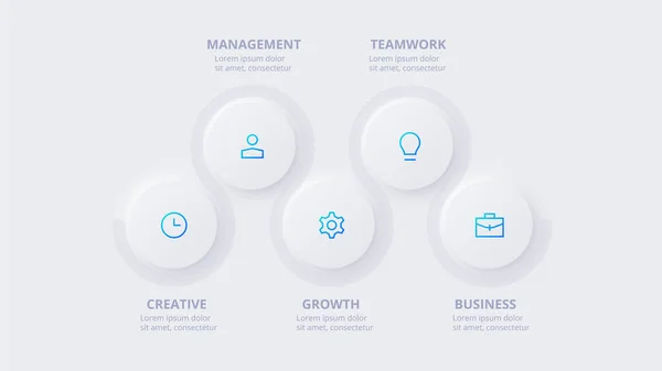 Elementos do círculo neumórfico para infográfico. Modelo para diagrama, gráfico, apresentação e gráfico. Conceito Skeuomorph com 5 opções, peças, passos ou processos — Vetor de Stock