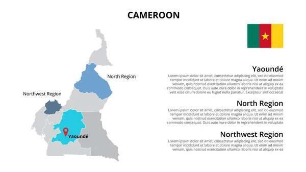 Modelo infográfico de mapa vetorial dos Camarões dividido por estados, regiões ou províncias. Apresentação de slides —  Vetores de Stock