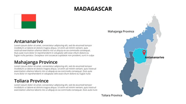 Modelo infográfico de mapa vetorial de Madagascar dividido por estados, regiões ou províncias. Apresentação de slides —  Vetores de Stock