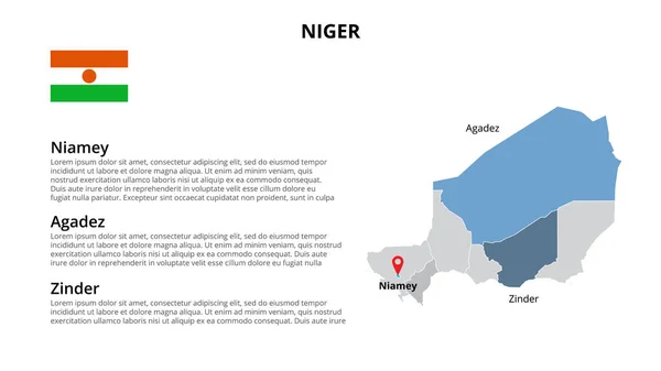 Modelo infográfico do mapa vetorial do Níger dividido por estados, regiões ou províncias. Apresentação de slides —  Vetores de Stock