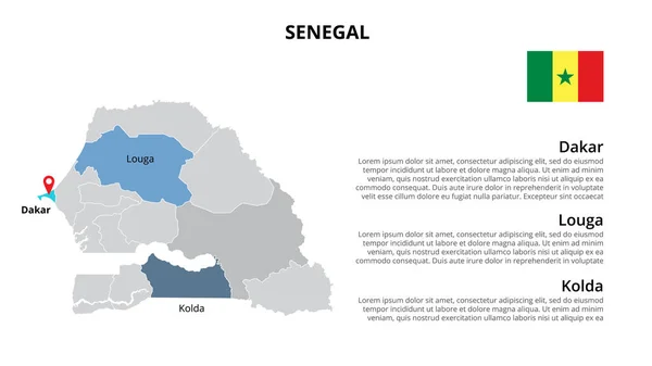 Senegal mapa vetorial modelo infográfico dividido por estados, regiões ou províncias. Apresentação de slides —  Vetores de Stock