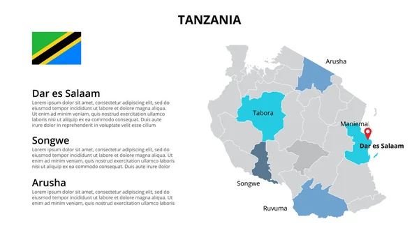 Modelo infográfico de mapa vetorial da Tanzânia dividido por estados, regiões ou províncias. Apresentação de slides —  Vetores de Stock