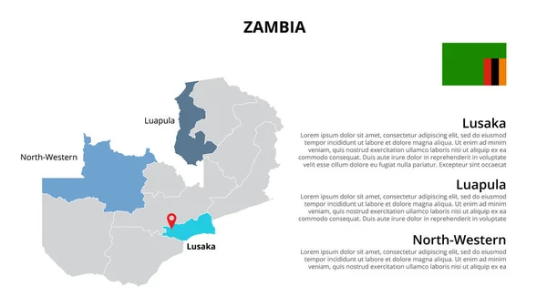 Modelo infográfico do mapa vetorial da Zâmbia dividido por estados, regiões ou províncias. Apresentação de slides —  Vetores de Stock