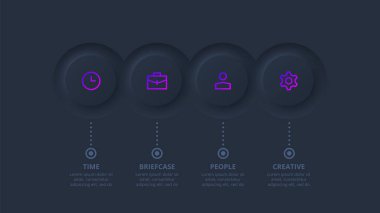 Bilgi için karanlık neumorfik çemberler. Şablon, grafik, sunum ve grafik. 4 seçenek, parça, adım veya işleme sahip Skeuomorph kavramı.