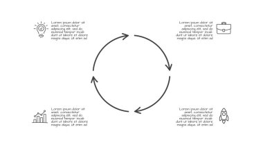 Dört seçenekli Doodle döngüsü bilgi elemanları. El çizimi ikonlar. İnce çizgi çizimi