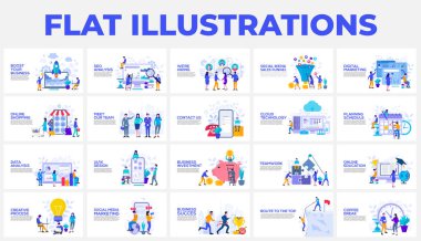 Karakterleri olan düz çizimler. Tasarım, planlama, shedule, yatırım, eğitim, ortaklık ve diğer konular.