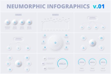 Set with neumorphic infographic design templates. Modern neumorphism vector illustration for presentation with 4, 5, 6 and 7 options or steps. clipart