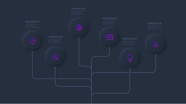 Bilgi için karanlık neumorfik element. Şablon, grafik, sunum ve grafik. 6 seçenek, parça, adım veya işleme sahip Skeuomorph kavramı.