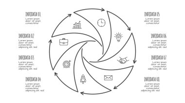 Sekiz seçeneği olan karalama bilgi ögeleri. El çizimi ikonlar. İnce çizgi çizimi.