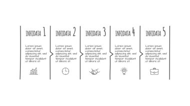 Beş seçenekli karalama bilgi ögeleri. El çizimi ikonlar. İnce çizgi çizimi.