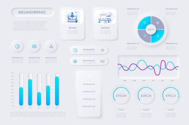 Financial analytics, time management and planning gui templates. User interface elements. Unique neumorphic design set. Manage, navigation, search form and components clipart