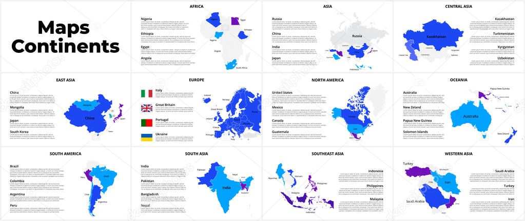 Continents vector maps country infographics set. Slides presentation templates with flags