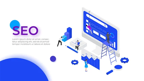 Isometric SEO analyses and optimization design concept with characters. Vector illustration. Landing page template for web — Stock Vector