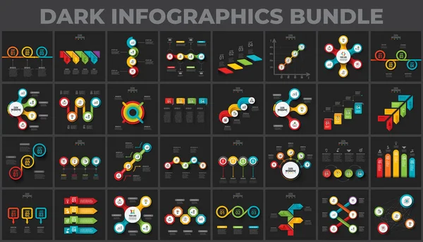 Dunkle Infografiken. Bündelvorlagen zur Datenvisualisierung mit 3, 4, 5 und 6 Prozessen. Strukturschablone — Stockvektor