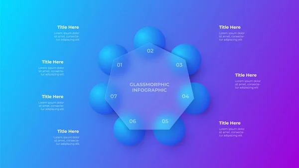 Glassmorphism heptagon conceito infográfico com formas geométricas 3d. Efeito de vidro fosco. Ilustração em fundo vetorial gradiente borrado — Vetor de Stock