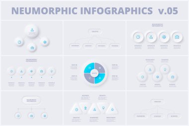 Set with neumorphic infographic design templates. Modern neumorphism vector illustration for presentation with 3, 4 and 5 options or steps clipart