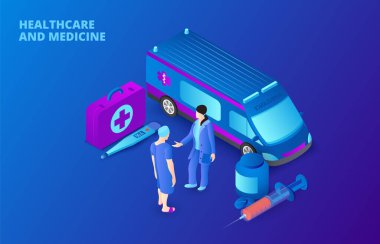 Ambulans arabası ve doktorlarla ilgili karanlık tıbbi konsept. İzometrik vektör çizimi. Web için sayfa şablonu indiriliyor