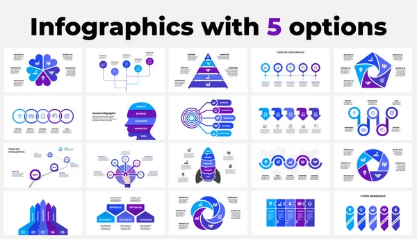 Großer Satz von 5 Optionen Infografiken für Präsentationen und Datenvisualisierung. Pyramide, Zeitachse, Rakete, Pfeile, Kreisgramme und andere Geschäftsvorlagen — Stockvektor