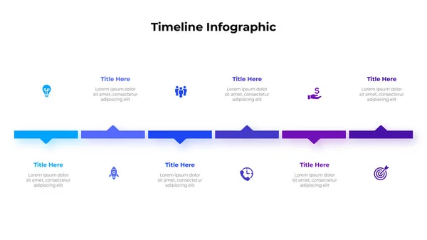 Seis retângulos com setas para infográficos de linha do tempo. Slide para apresentação e visualização de dados —  Vetores de Stock