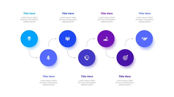 Zeven cirkels met pijlen. Infografische tijdlijn visualisatie gegevens. Model voor bedrijfspresentatie — Stockvector