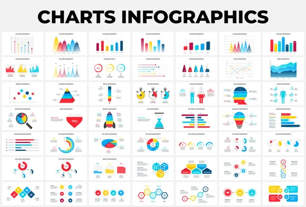 Bundle mit Flächen-, Blasen- und Fortschrittsdiagrammen Infografik-Design-Vorlagen. 49 moderne flache Vektorillustrationen zur Präsentation. Jahresbericht — Stockvektor