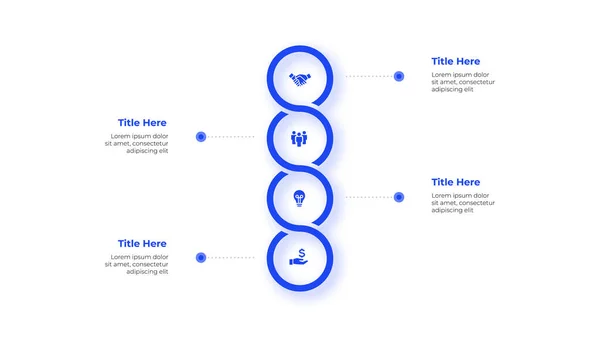 Quatre éléments circulaires en rangée verticale pour l'infographie et la présentation. Concept de 4 étapes du processus de développement des affaires — Image vectorielle