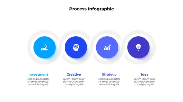 Cuatro elementos de círculo en fila horizontal para infografía y presentación. Concepto de 4 pasos del proceso de desarrollo empresarial — Archivo Imágenes Vectoriales