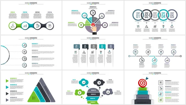 Conjunto infográfico con cabeza humana, pirámide, escaleras y elementos abstractos. Presentación con 4, 5, 6 y 7 opciones, piezas o pasos — Archivo Imágenes Vectoriales