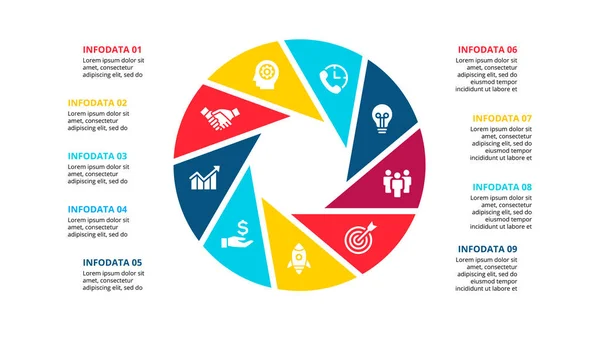 Infografía circular con 9 opciones o pasos. Elemento plano abstracto del diagrama de ciclo. Plantilla de negocio vectorial para presentación. — Archivo Imágenes Vectoriales