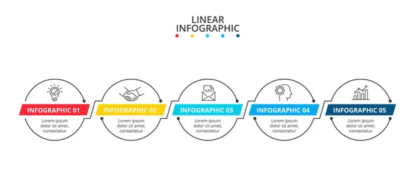 Cronologie cu 5 elemente liniare conectate cerc. Concept creativ pentru diagrama progresului. Infografic subțire linie . — Vector de stoc