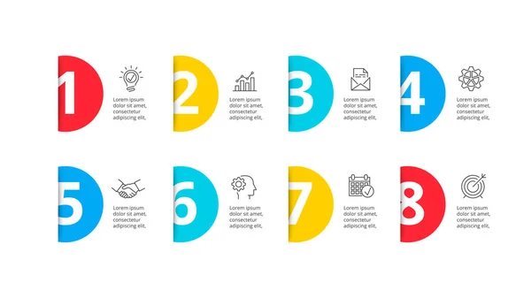 Δημιουργική ιδέα για infographic. Αφηρημένα στοιχεία με 8 βήματα, επιλογές, μέρη ή διαδικασίες. Επιχειρηματικό πρότυπο διανύσματος για παρουσίαση. — Διανυσματικό Αρχείο