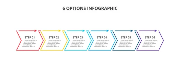 Vékony vonal sík elemek nyilakkal infografika. Idővonal vagy folyamatábra sablonja 6 lépésben — Stock Vector