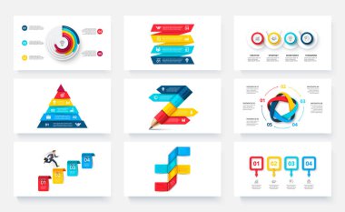 İş sunumu için dokuz slayt. Vektör bilgi grafik tasarım şablonları. 3, 4, 5 ve 6 seçenekli kavram, bölümler veya adımlar
