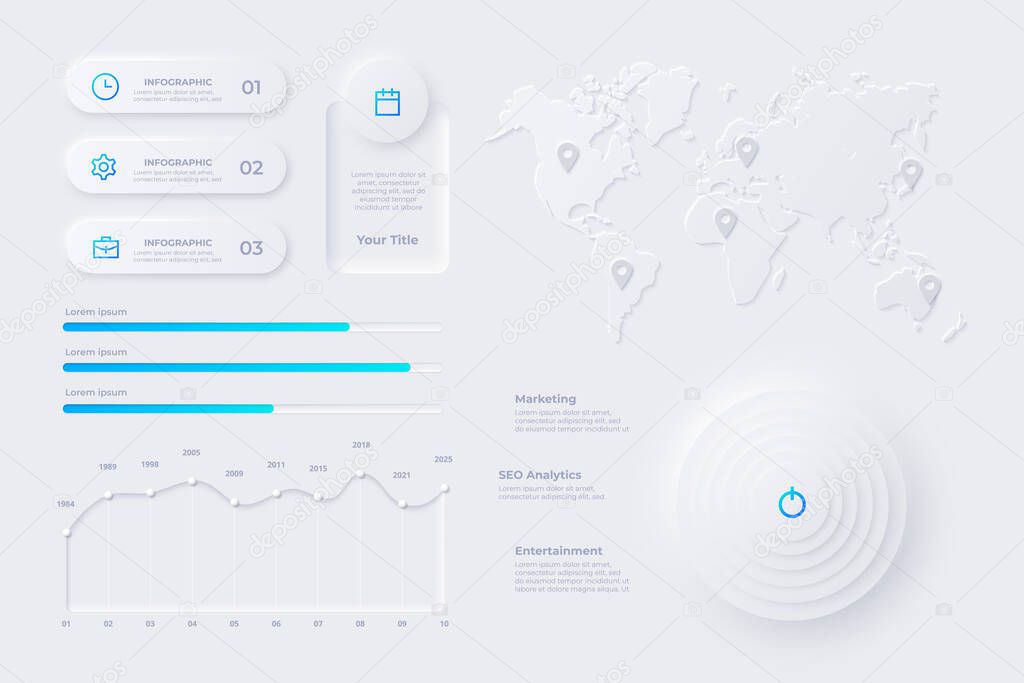 Unique neumorphic ui ux design kit. User interface element. Infographic elements, map and charts