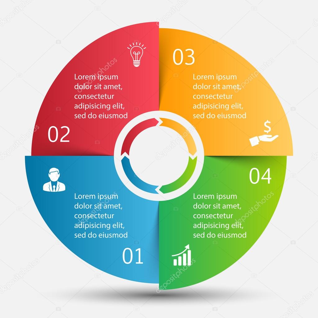 Vector circle infographic with colorful segments. Template for cycle diagram, graph, presentation and round chart. Business concept with 4 options, parts, steps or processes